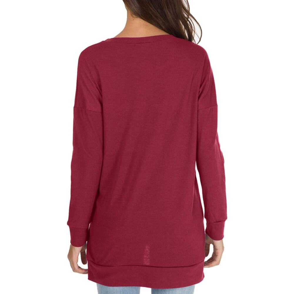 Women's Long Sleeve Loose Blouse Casual Burgundy Pullover Tunic Top - Picture 4 of 5